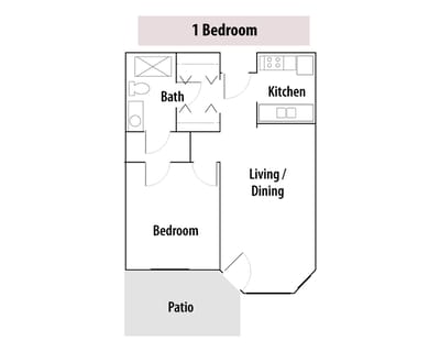 Architectural floor plan of a one-bedroom unit