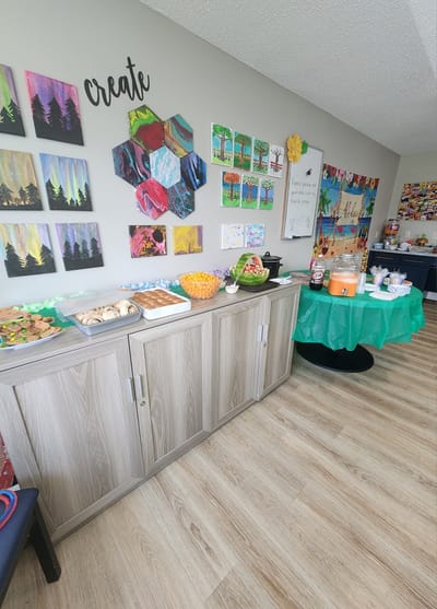 A festive interior set up with snacks and decor
