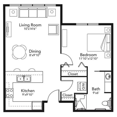 Architectural floor plan of a two-bedroom unit