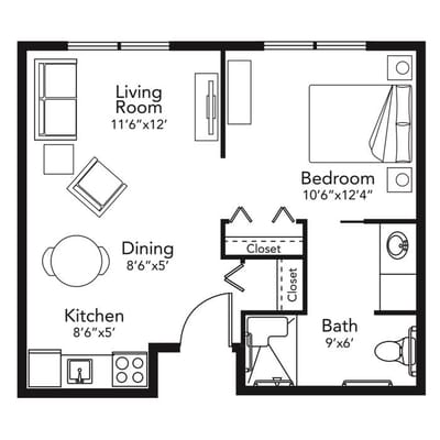 Architectural floor plan of a one-bedroom unit