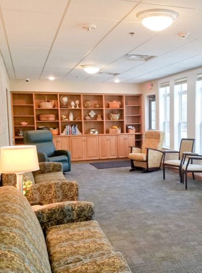 Interior view of a common area with seating