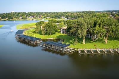 Scenic aerial view of a waterfront property