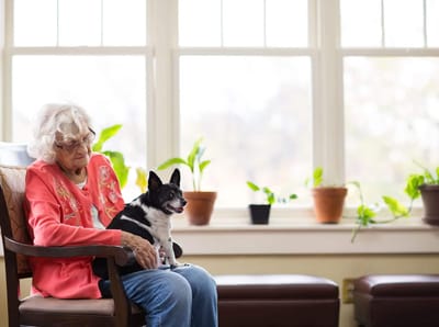 Resident enjoying time with a small dog in a bright room