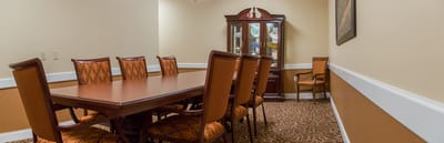 Interior view of a dining room with a large table