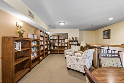 Interior view of the facility's library area with bookshelves