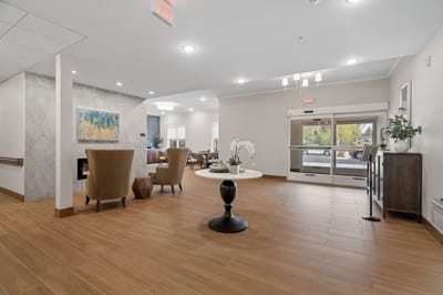 Bright and inviting lobby area of a senior living facility