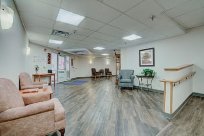 Common area with seating and warm lighting