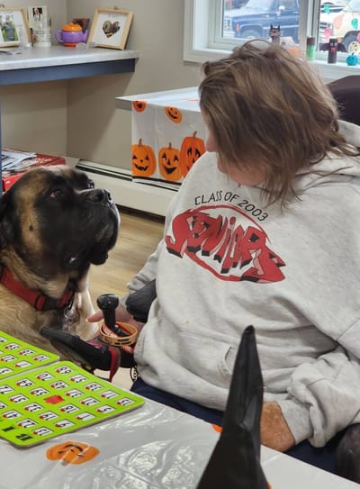 Resident interacting with a dog in an activity room