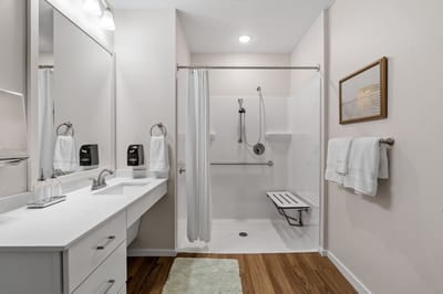 Modern bathroom with safety features and neutral tones