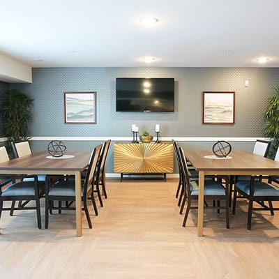 Bright dining area with modern furnishings and decor
