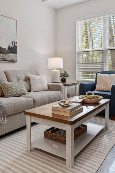 Cozy living area with a sofa and a lamp