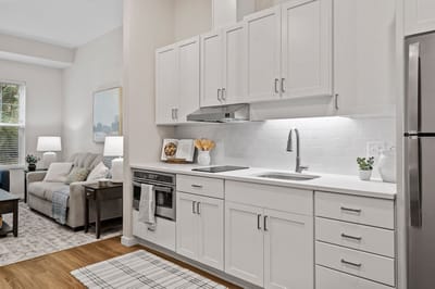 Bright and modern kitchenette in a senior living suite