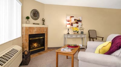 Interior view of a cozy living room with a fireplace