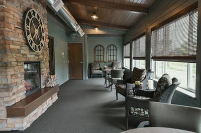 Cozy common area with comfortable seating and fireplace