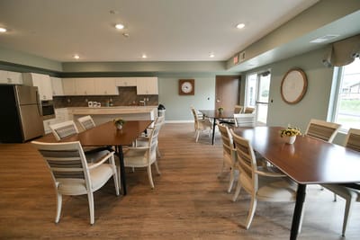 Bright dining room with tables and chairs