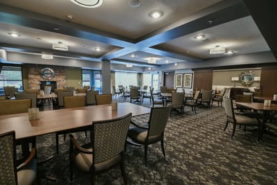 Interior view of a dining room in a senior living facility