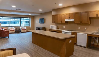 Interior view of a common area with kitchen facilities