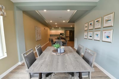 Bright common area with a large dining table and decor
