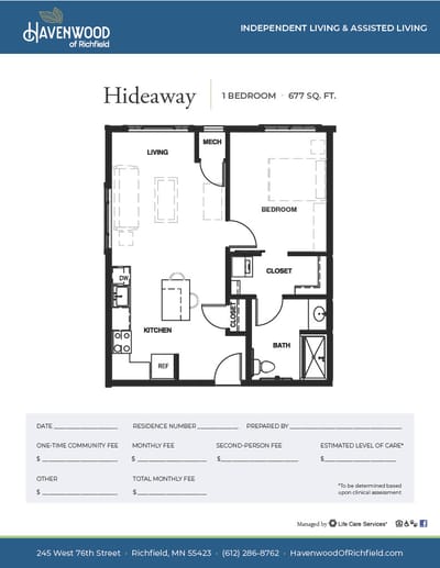 Architectural floor plan of a one-bedroom unit