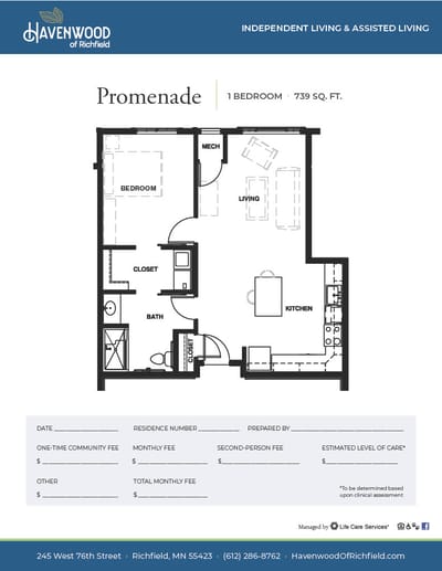 Floor plan of a one-bedroom unit