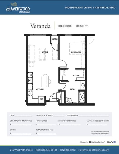 Architectural floor plan for a one-bedroom unit