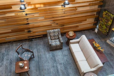 Interior view of a stylish common area with seating