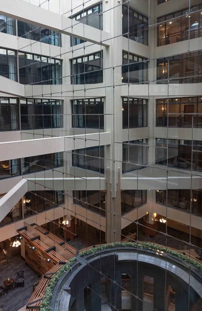 Interior view of a multi-story atrium with natural light