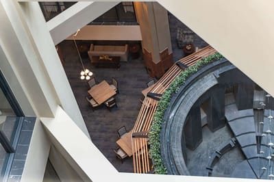 Interior view of a stylish common area in a senior living facility