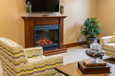 Cozy common area with fireplace and seating