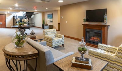 Cozy common area with seating and fireplace