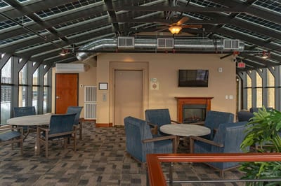 Interior view of a common area with seating