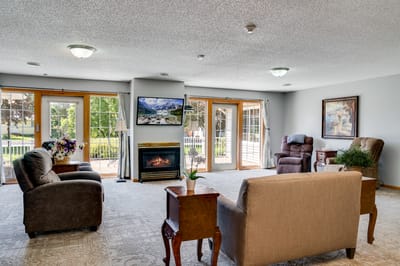 Comfortable living area with seating and large windows