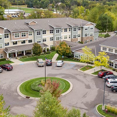 Aerial view of the facility's exterior and parking area