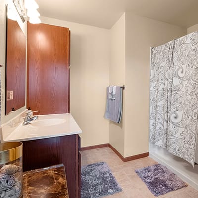 Interior view of a bathroom with decorative elements