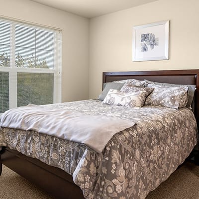 Cozy bedroom with floral bedding and natural light