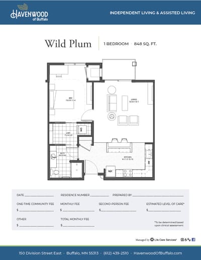 Architectural floor plan for a one-bedroom unit