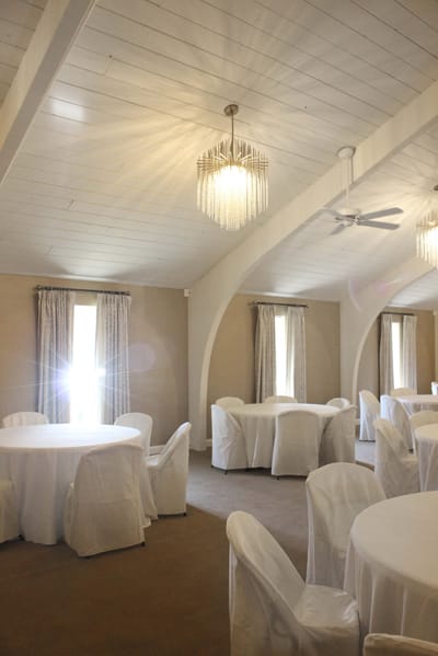 Bright interior of a common area with circular tables