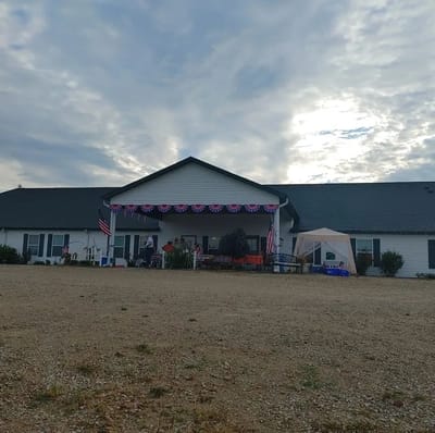 Front view of Annie's House with festive decorations