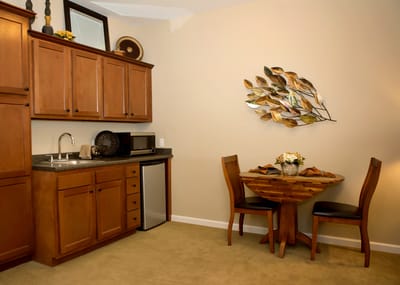 A cozy kitchenette in a resident room