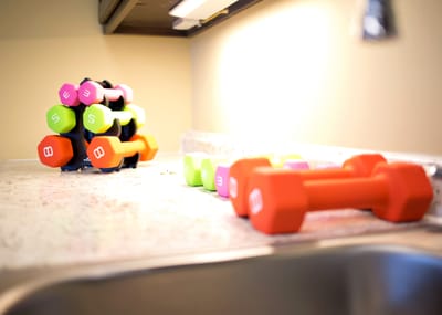 Colorful dumbbells on a counter in a fitness area