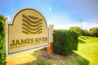 Sign for James River Nursing and Rehabilitation outside on a sunny day
