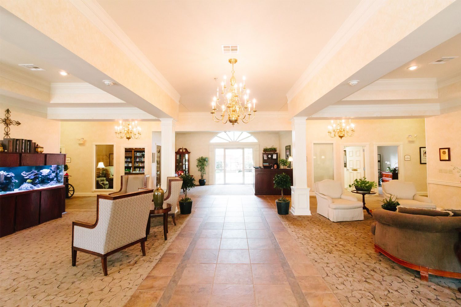 Bright and open lobby area with seating