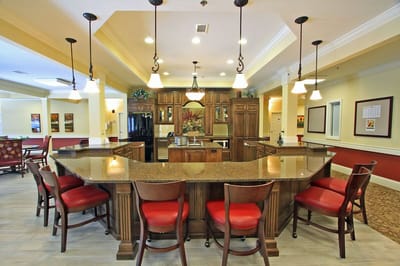 Interior view of a dining area with a bar