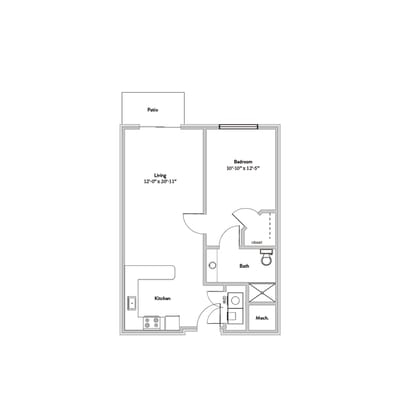 Architectural floor plan of a one-bedroom unit
