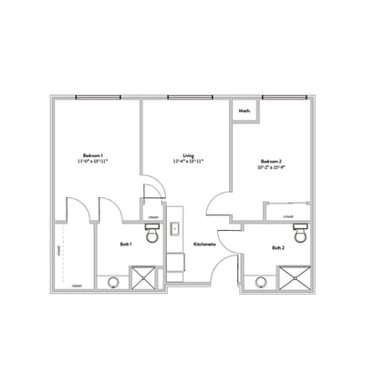 Architectural floor plan of a two-bedroom unit