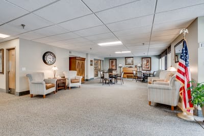 Bright common area with seating and decor