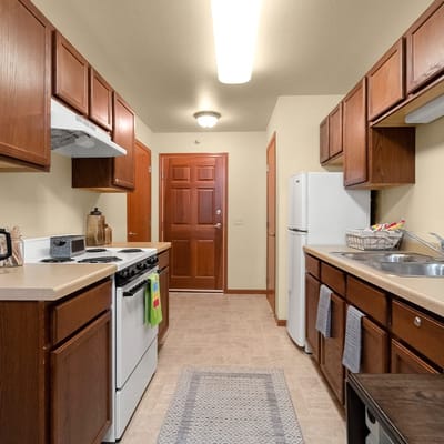 Interior view of a kitchen in a small apartment