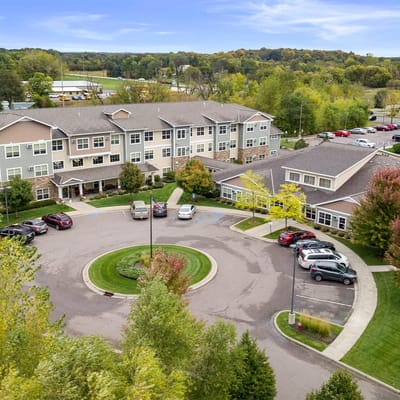 Aerial view of the senior care facility with parking lot