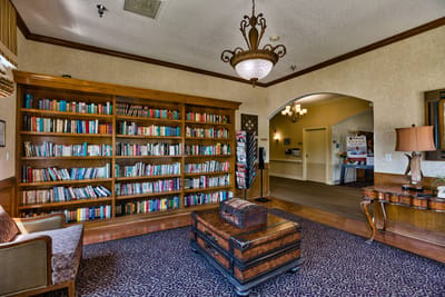 Cozy common area with a library and seating