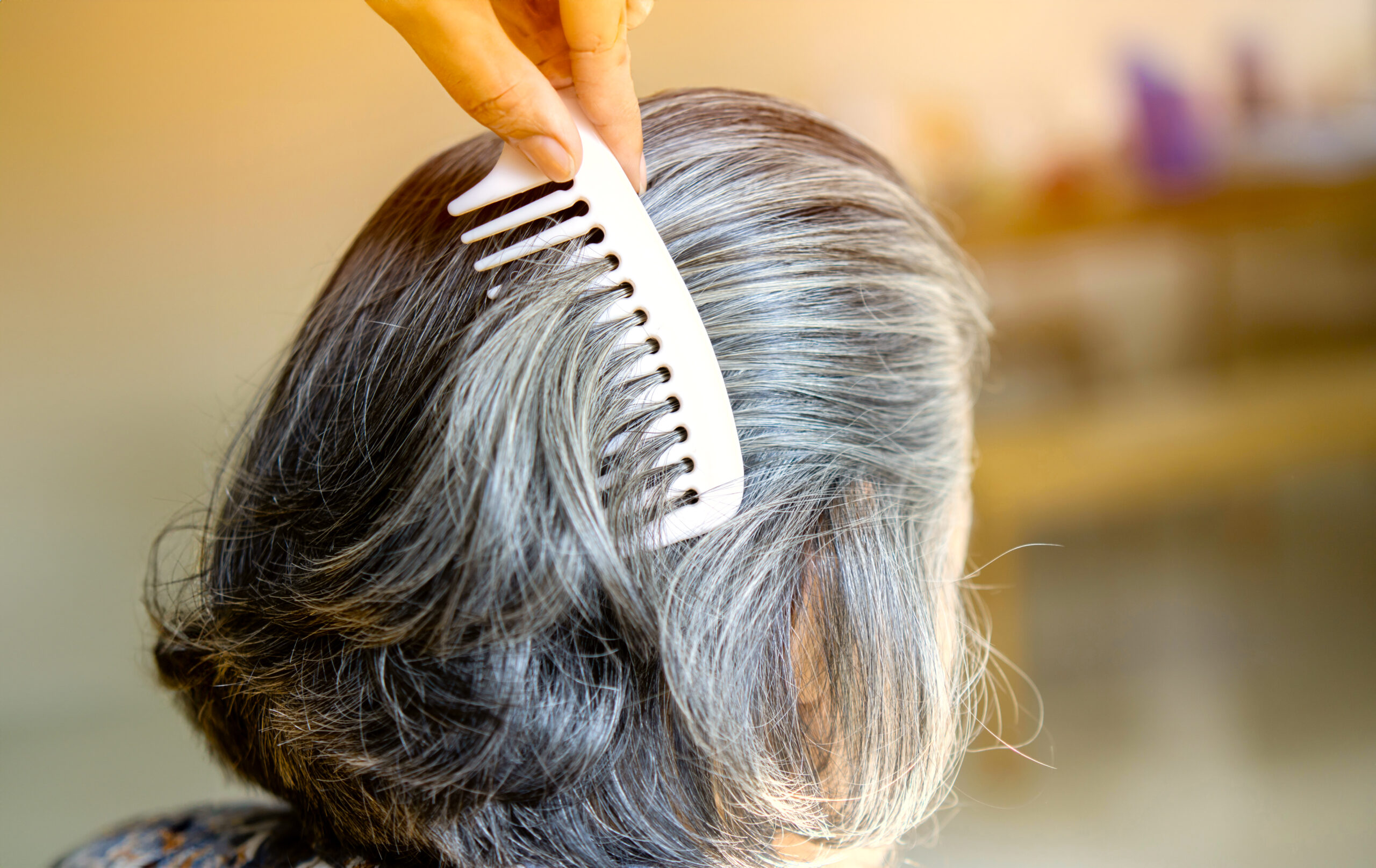 A caregiver combing the hair of an elderly woman